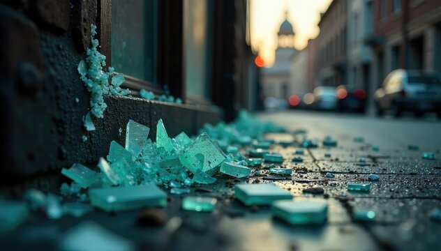 Close-up of a shattered window, shards of glass scattered on the ground, depicting the aftermath of a violent crime scene A sense of destruction and chaos is evident , aftermath, violence