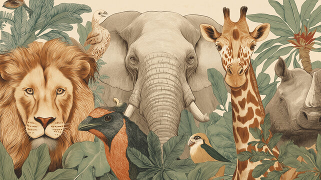Vibrant illustration of safari animals, including lion, elephant, giraffe, and rhinoceros, surrounded by lush tropical foliage. detailed artwork captures essence of wild with harmonious blend