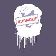 Hand holds burnout tag inside human head. Mental, psychological illness. Concept of mood disorder.