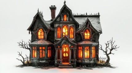 Fototapeta premium Eerie Haunted House with Broken Windows and Dark Shadows Isolated