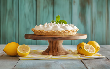 Lemon meringue pie on a wooden stand with lemons and a striped napkin near it