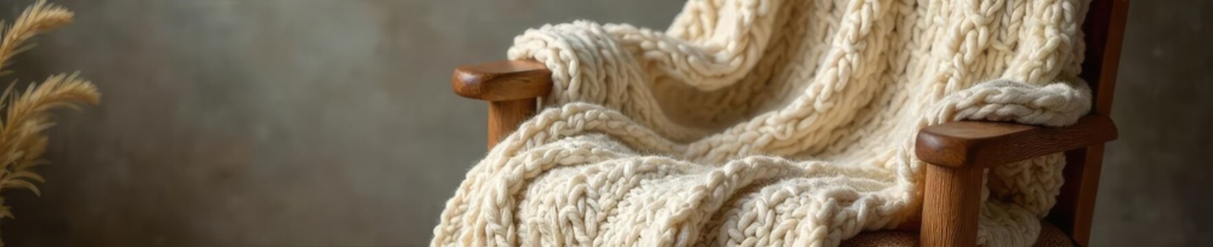 Cozy oversized sweater blanket draped over a rustic wooden chair, perfect for chilly evenings Soft knit texture, warm neutral tones, inviting comfort , autumn, yarn
