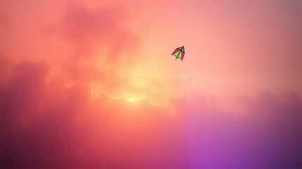 Fototapeta premium A dreamy, hazy scene with a kite flying against a sky glowing with bioluminescent colors.