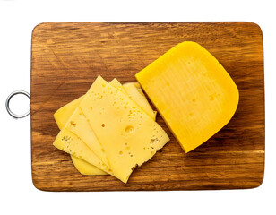 Top view cheese on wooden cutting board Isolated on Transparent or White Background