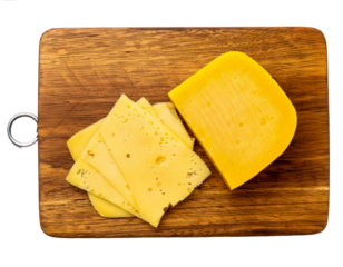 Top view cheese on wooden cutting board Isolated on Transparent or White Background