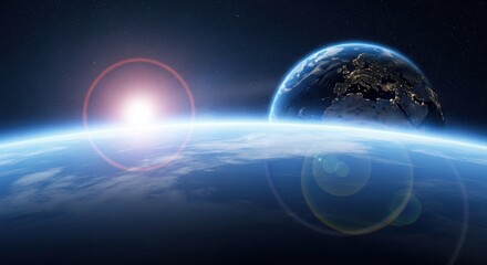 Obraz premium Sunrise Over Earth From Space With Starry Night Sky