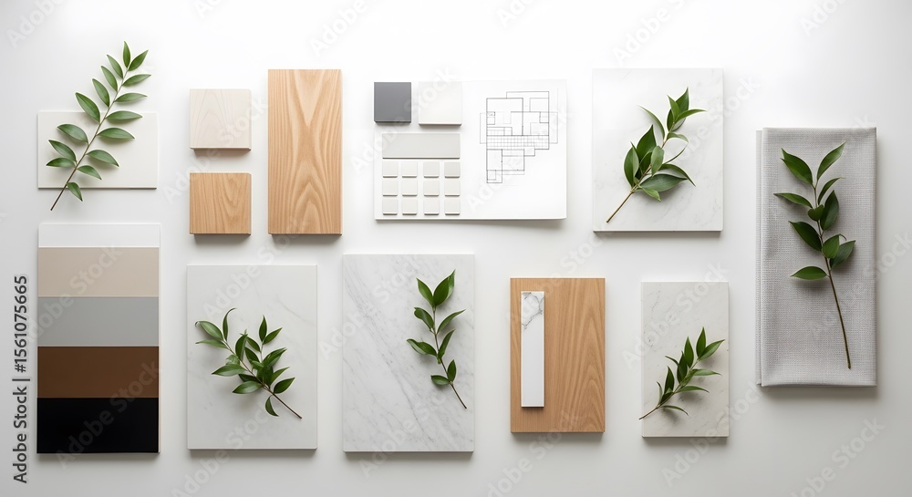 Aufkleber arrangement of various textured material samples with green leafy sprigs on white surface studio sho