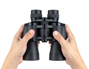 Binoculars in hand Isolated on Transparent or White Background