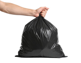 A man's hand holds out a rubbish bag Isolated on Transparent or White Background
