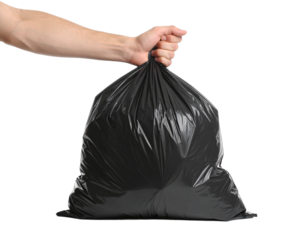 A man's hand holds out a rubbish bag Isolated on Transparent or White Background