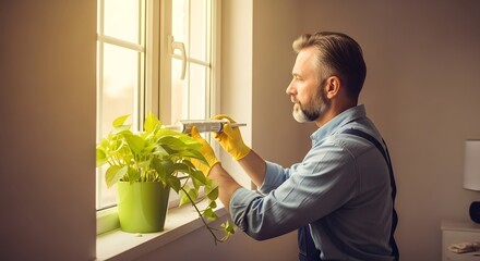 Mature man cleaning window glass with yellow gloves in bright light next to green plant