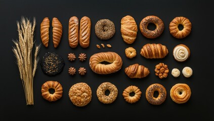 Variety of baked goods arranged on a dark background, with wheat stalks