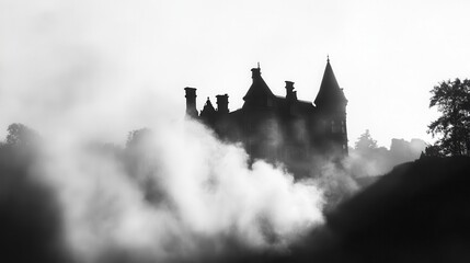 Obraz premium Isolated House Silhouette with Swirling Mist and Dark Trees