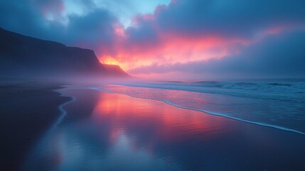 Fototapeta premium A breathtaking sunset over a misty beach, with vibrant colors reflected in the calm water. Dramatic clouds paint the sky in shades of pink and blue