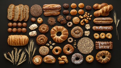 Assorted baked goods arranged on a dark background. Variety of breads, pastries, and cookies displayed artistically. Wheat stalks scattered throughout. High-angle, full shot