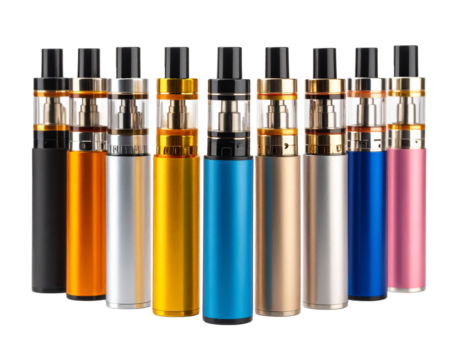 Collection sleek, modern colorful vape device set against a clean Isolated on Transparent or White Background