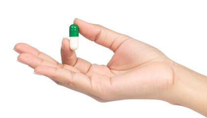 Hand holding capsule Isolated on Transparent or White Background