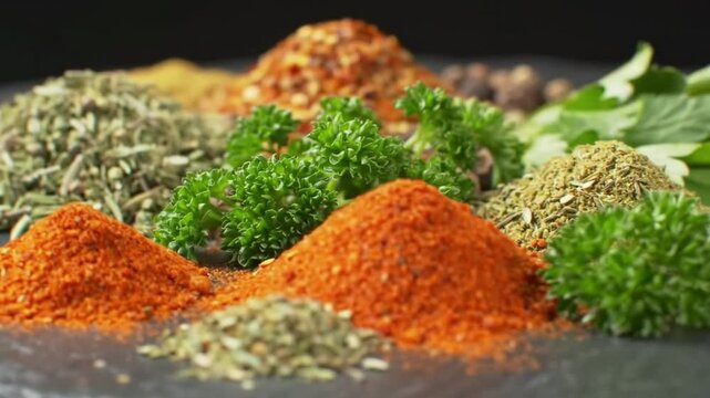 A vibrant assortment of aromatic spices and fresh herbs in colorful piles.