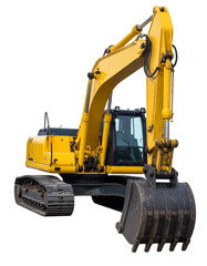 Heavy modern yellow digger excavator Isolated on Transparent or White Background