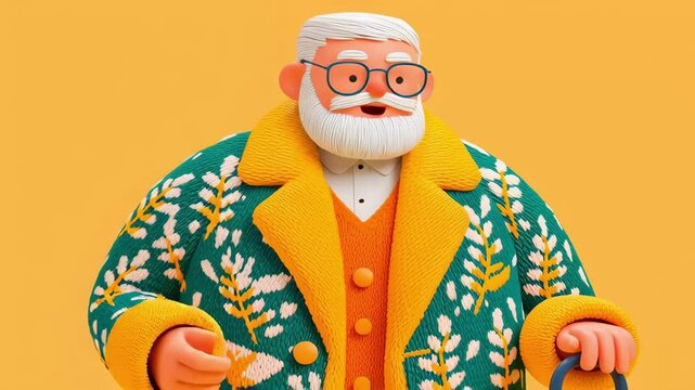 (Loop) Smiling and Talking Old Man in Patterned Jacket, Joyful and Happy vibe