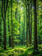 Fototapeta premium Dense foliage and towering trees create a sense of depth in this forest closeup