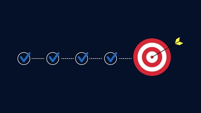 Animated checklist steps with blue check marks pointing to a red target hit by an arrow. Ideal for goal setting, business strategy, planning, and visualizing success.