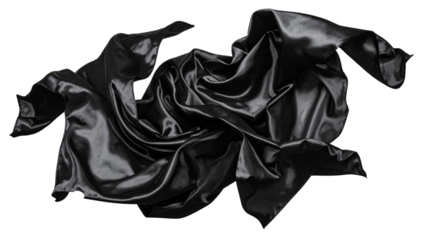 Wavy flying Black silk fabric Isolated on Transparent or White Background