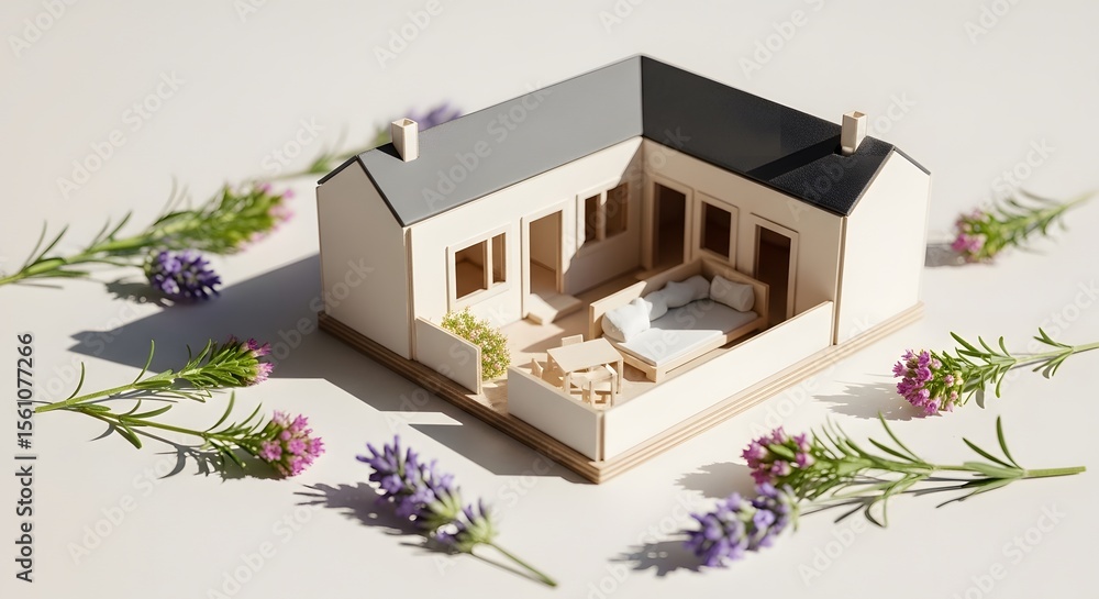 Poster miniature house model surrounded by lavender and greenery on a neutral background creating a serene 