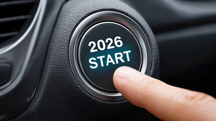 Modern Automobile Start Button with Year 2026 Indication and Human Finger Pressing for Vehicle Ignition and Innovation Concept