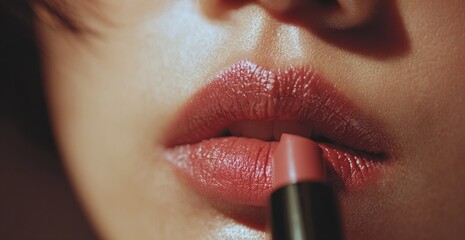Applying the Finishing Touch: A close-up shot of a person delicately applying lipstick to their lips, focusing on the beauty of the makeup, capturing the intimate ritual.