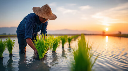Farmer Planting Rice Seedlings in a Tranquil Rice Field During Sunset with Reflections on Water Surface
