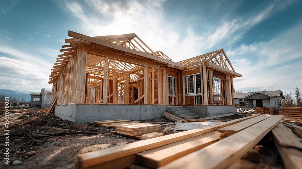 Poster modern construction site with wooden frame structures under clear sky in progress of building new re