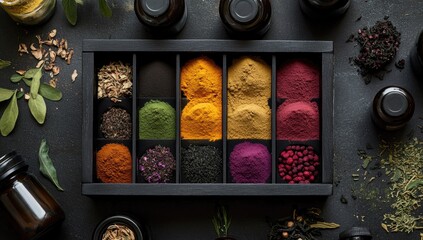Dark wooden box filled with colorful powders and herbs