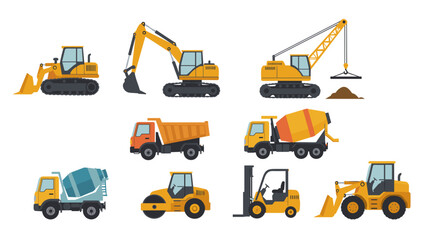 Illustration of various construction vehicles including excavators and cement mixers shown