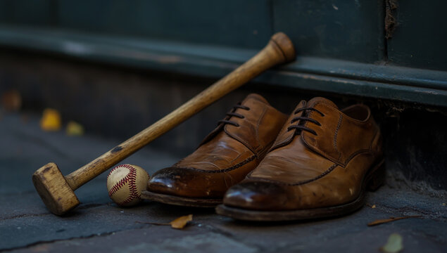 A pair of worn brown leather shoes, with scuff marks on the soles, and an old wooden cobbler's hammer hanging diagonally, are placed against the backdrop of a rustic workshop. - Powered by Adobe