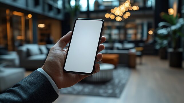 Hand holding smartphone in modern lobby