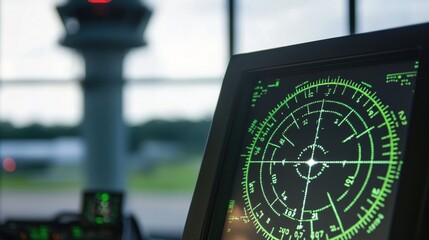 Close-up of air traffic control radar screen with glowing flight paths and aircraft symbols. Aviation safety, airspace monitoring and flight tracking technology concepts.
