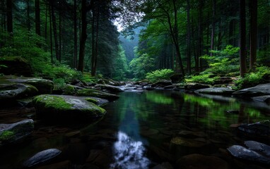 Tranquil forest stream reflecting the trees