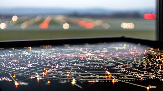 Close-up of air traffic control radar screen with glowing flight paths and aircraft symbols. Aviation safety, airspace monitoring and flight tracking technology concepts.
