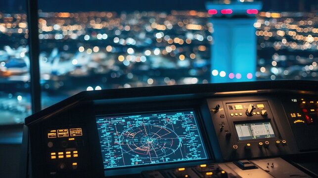 Close-up of air traffic control radar screen with glowing flight paths and aircraft symbols. Aviation safety, airspace monitoring and flight tracking technology concepts.
 - Powered by Adobe