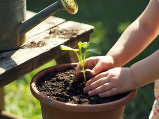 Toddler's Tiny Hands Gently Planting a Seedling in a Terracotta Pot, Embarking on a Journey of Growth and Nurturing Nature's Wonders. A Symbol of Childhood's Innocence and the Beauty of Gardening.