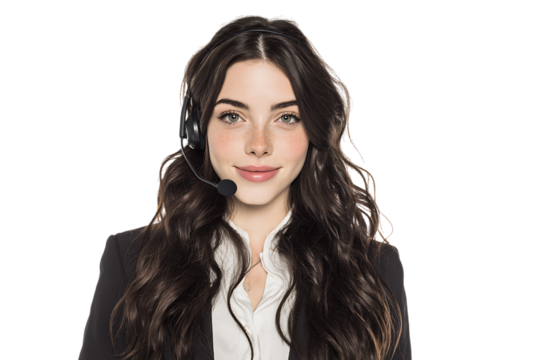 Smiling woman wearing headset, customer service agent.