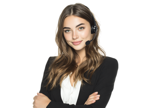 Friendly female customer service representative wearing a headset. - Powered by Adobe