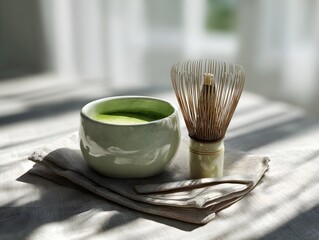 tabletop with matcha bowl, whisk, and ceramic cup on linen placemat, photorealistic
