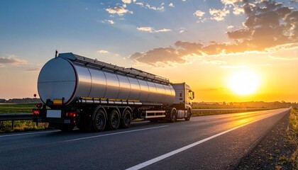 "Rolling Through the Golden Hour: A Tanker Truck Makes Its Way Across a Quiet Road with Scenic Views and Copy Space"