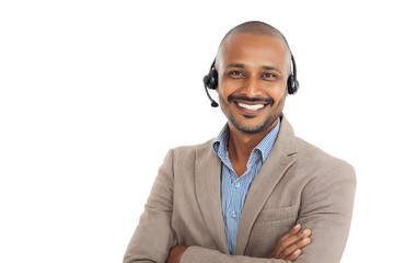 Smiling customer support representative wearing headset.