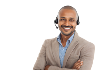 Smiling customer support representative wearing headset.