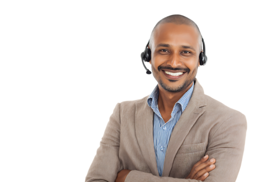 Smiling customer support representative wearing headset.