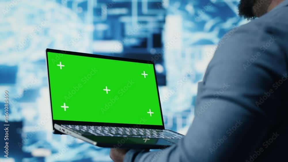 Poster black male engineer showing laptop with chroma key display next to predictive analytics immersed in 