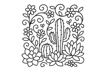 Delicate Desert Garden Black and White Line Art Featuring Cacti, Succulents, and Ornate Floral Vines Intertwined in Whimsical Harmony